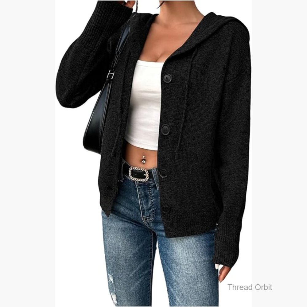 Hooded Cardigan Sweater Long Sleeve Button Front Ribbed Knit Jacket